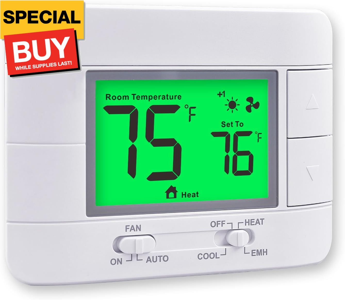 Non-Programmable Heat Pump Thermostat for House 2 Heat/1 Cool, with Temperature