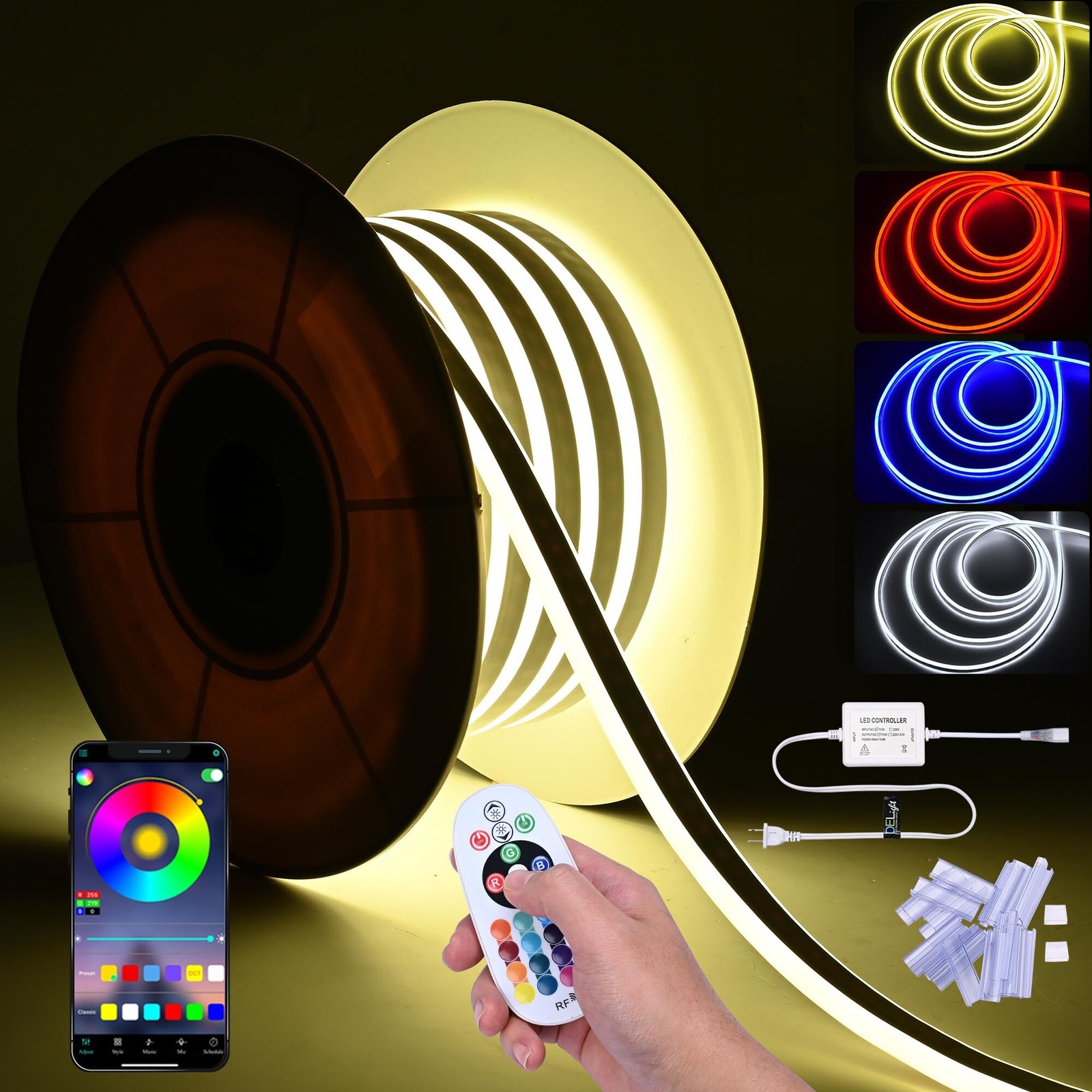 DELight 50FT/100FT/150FT RGB Neon Rope Lights with Pin Extension Cord Channels