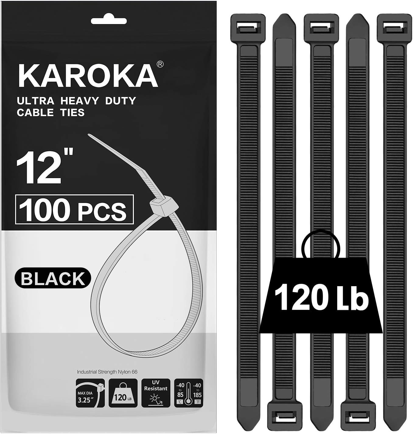 Zip Ties 12 Inch Heavy Duty Zip Ties with 120 Pounds Tensile Strength, Black Cab