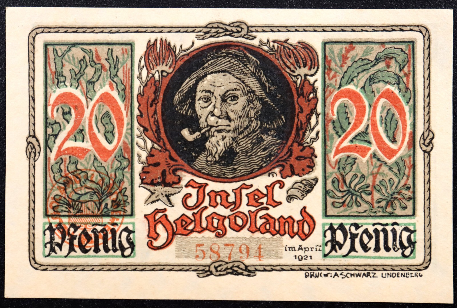 HELGOLAND 1921 XX-RARE UPSIDE-DOWN RED SEAL! "Fisherman" 20 Pfennig Notgeld