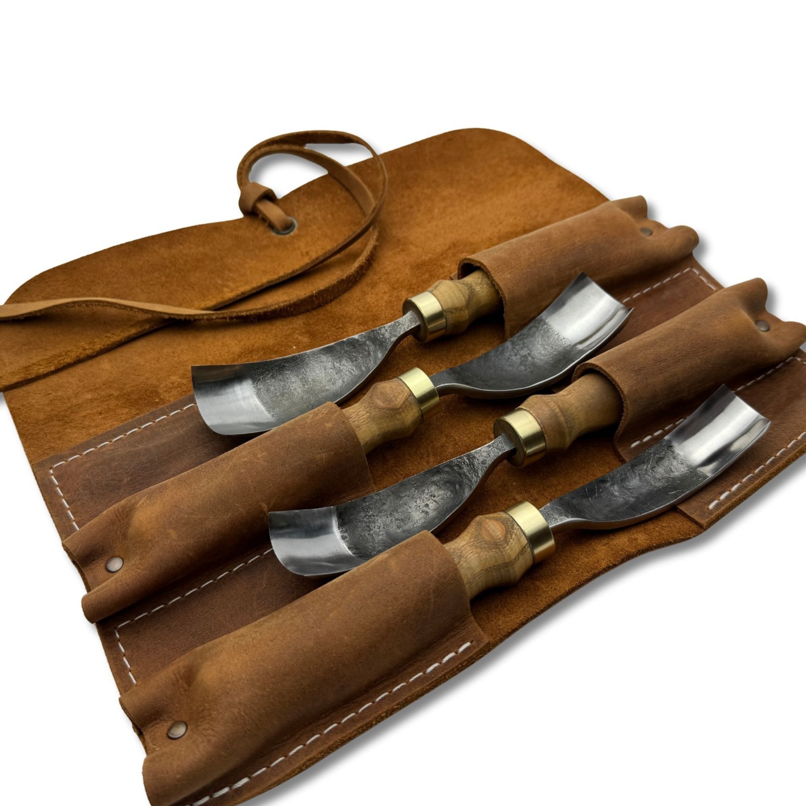 4-Piece Bent Gouge Set – Hand-Forged 52100 Steel Blades, Ash Wood Handles.