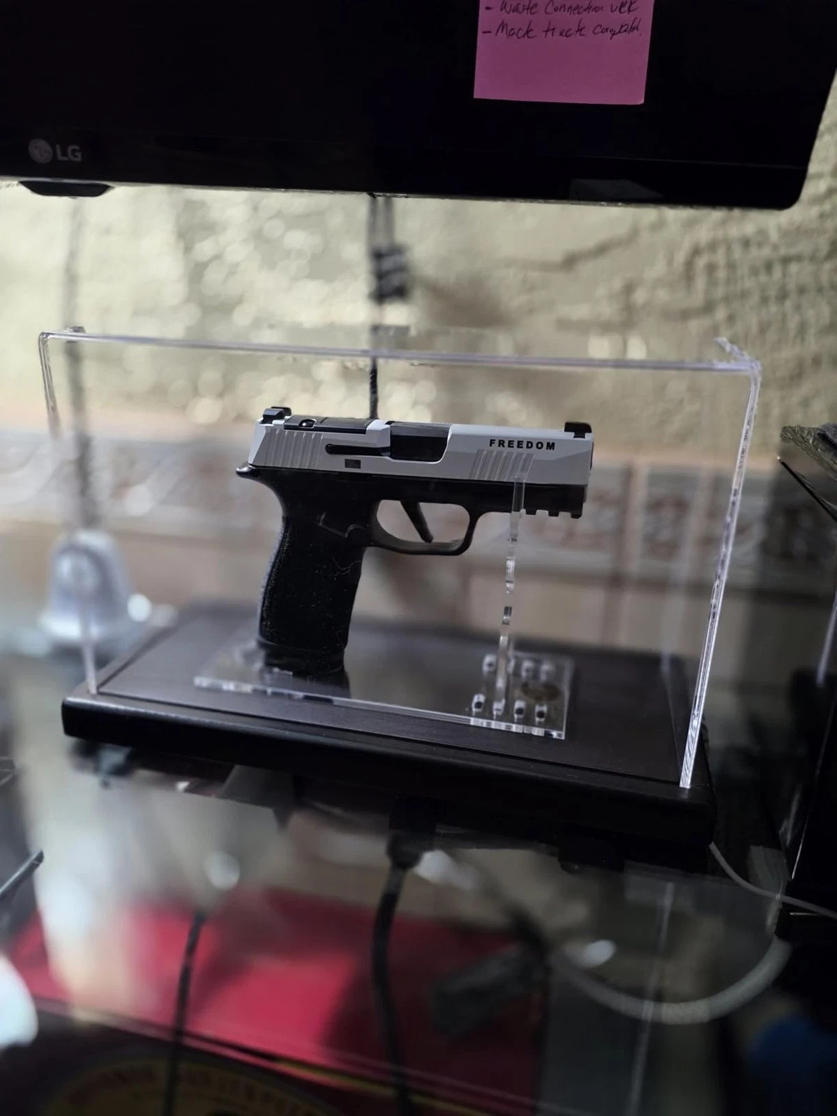 Clear Acrylic Handgun Display Case Wood Base UV Dustproof Stand