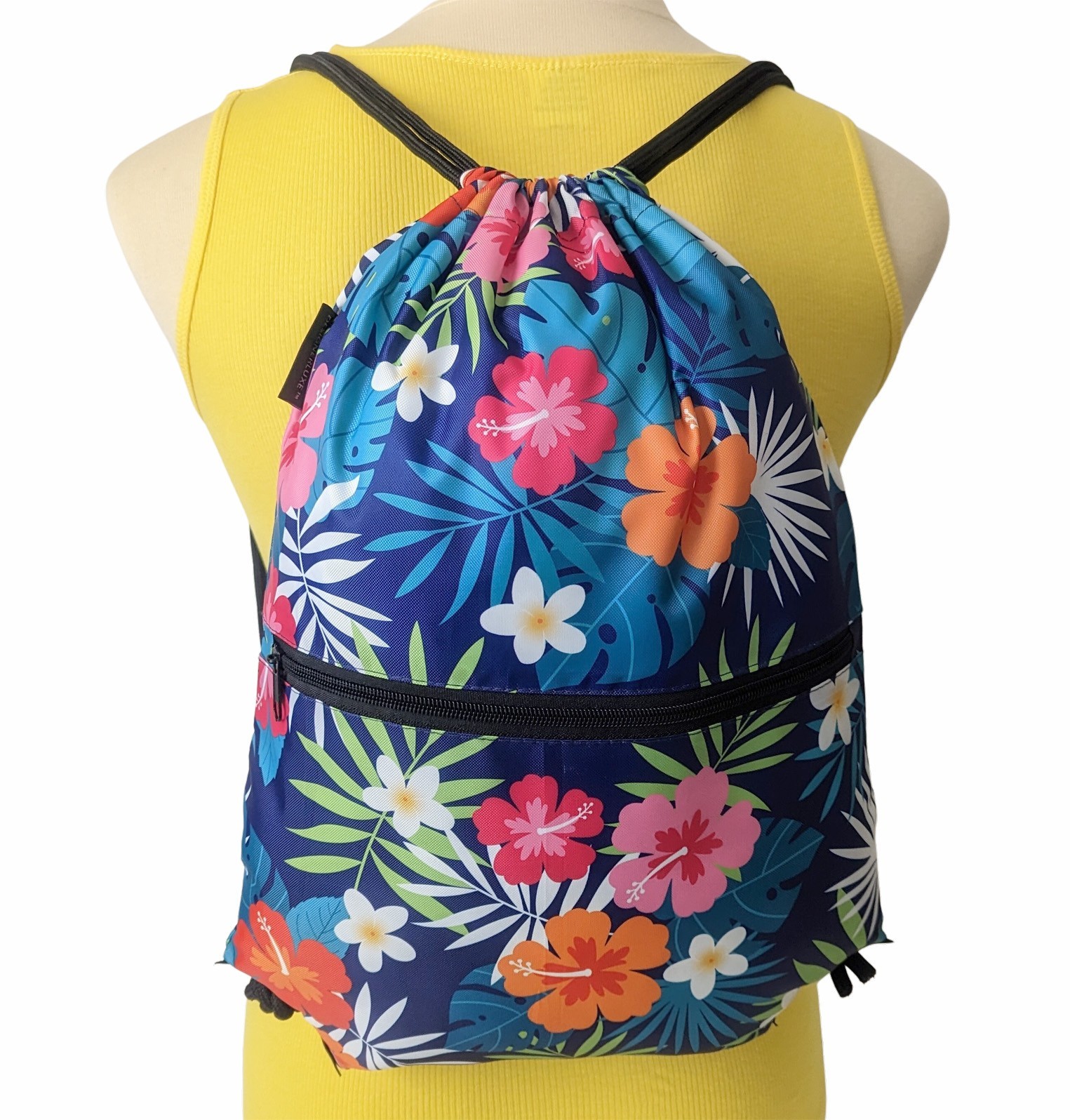 Blue Floral Drawstring Backpack Gym Bag Travel Sport Sack Pack