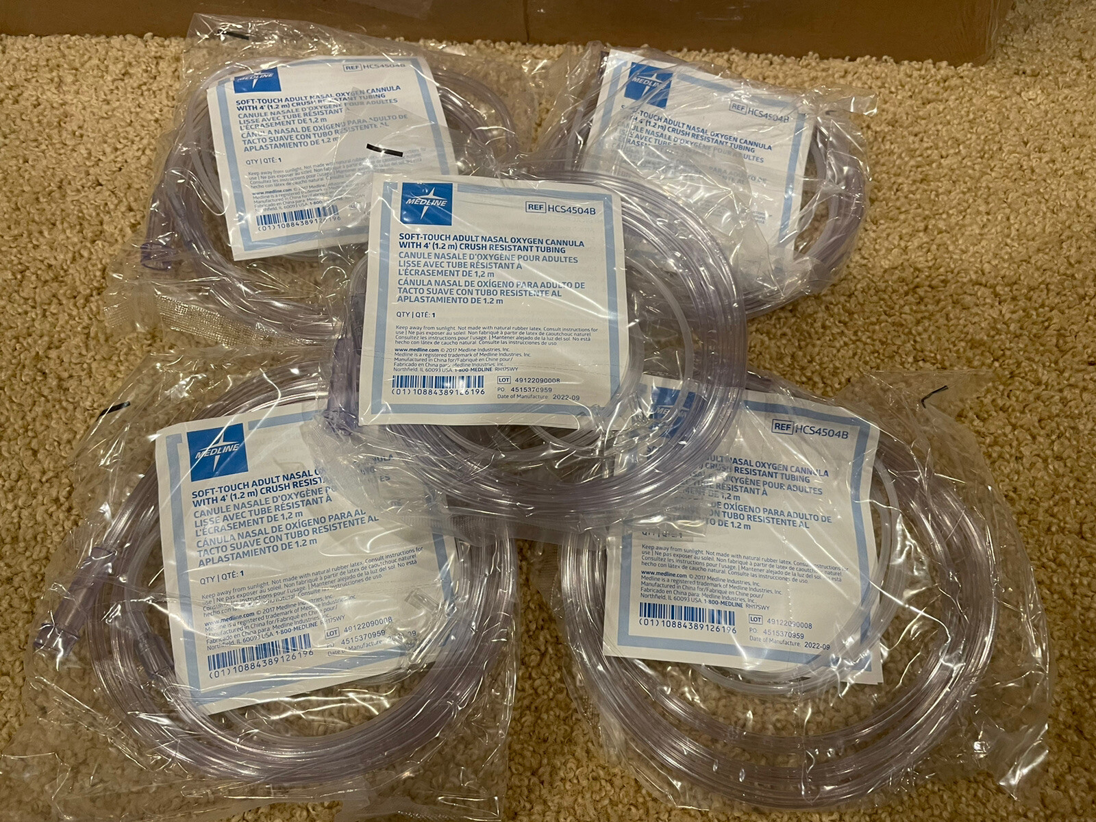 LOT OF 5 MEDLINE HCS4504B Soft-Touch Adult Nasal Cannula 4 Ft Crush Resistant