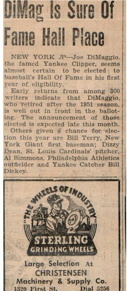 1953 "Joe DiMaggio" Certain "Hall of Fame" article 3x2"  2D23