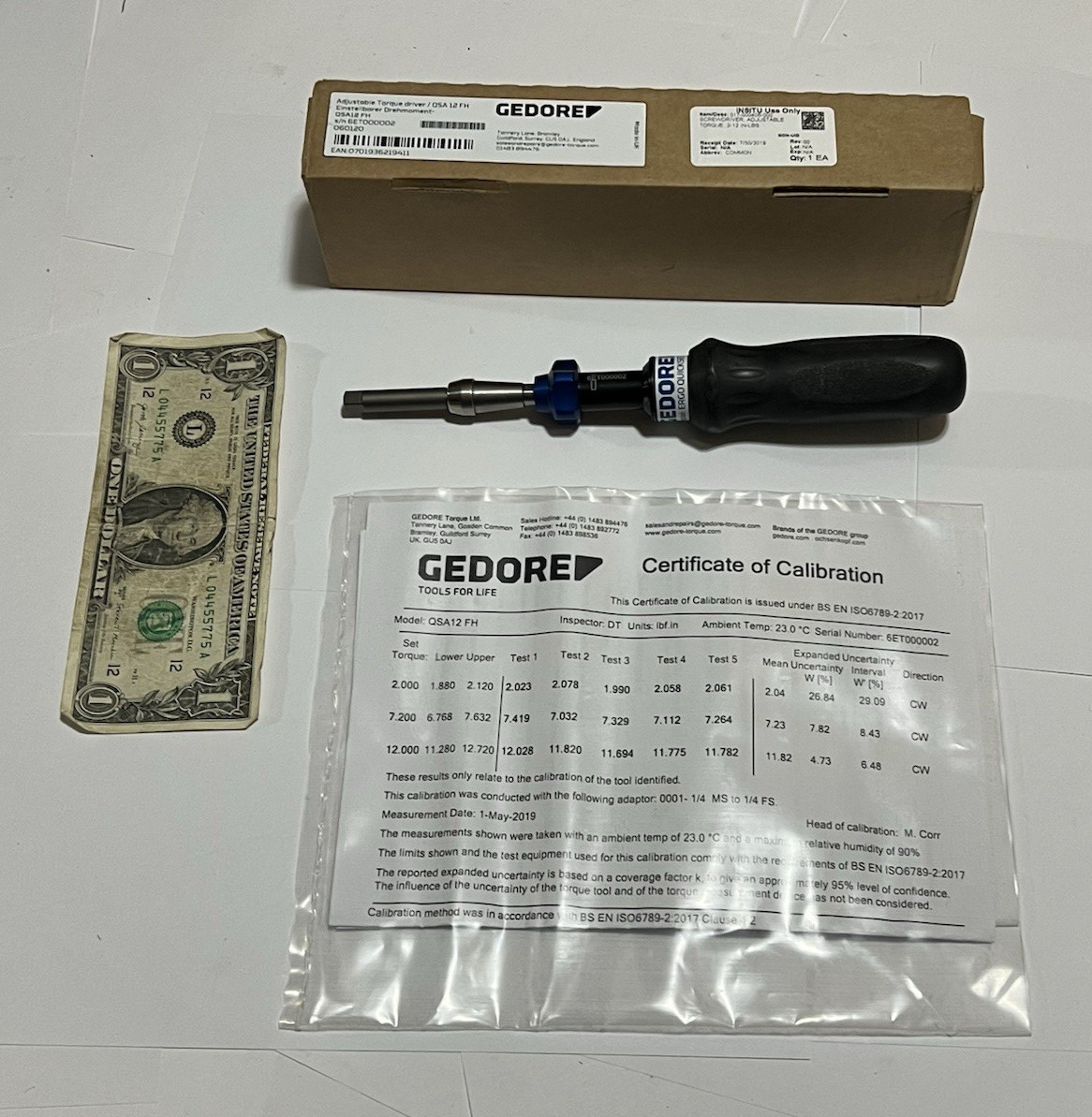 Gedore QSA12FH Hex Bit Adjustable Torque Screwdriver 2-12 In/Lb Box Paperwork