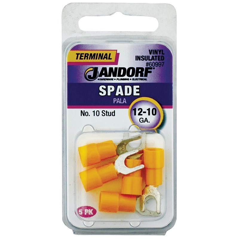 Jandorf 60997 Spade Terminal, 600 V, 12 to 10 AWG Wire, #10 Stud, Vinyl Insulati