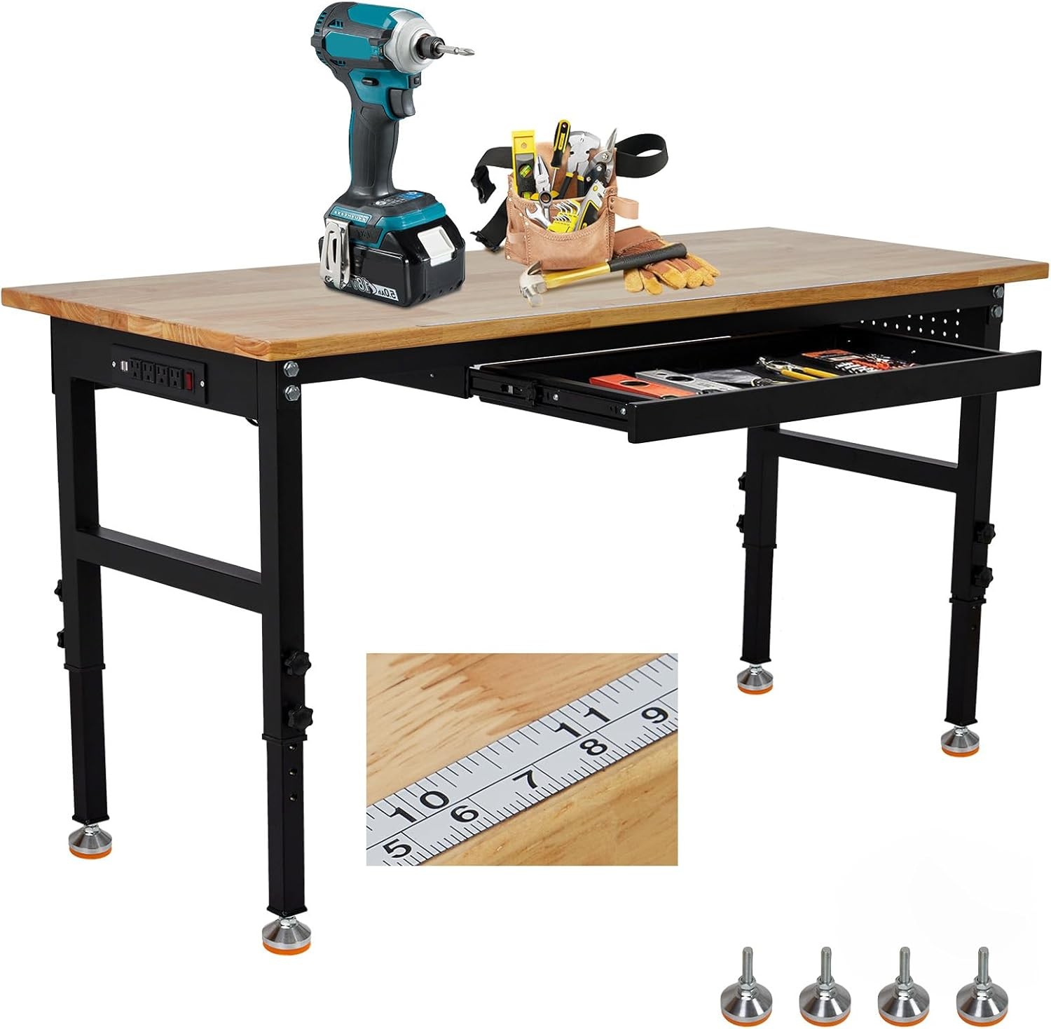 Adjustable 60" x 24" Work Bench with Power Outlet, Scales, Drawer, 2200 LBS Load