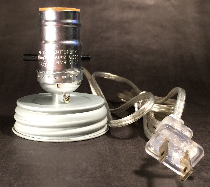New Zinc Mason Jar "Fruit Jar" Electric Lamp Adapter With Clear Silver Cord