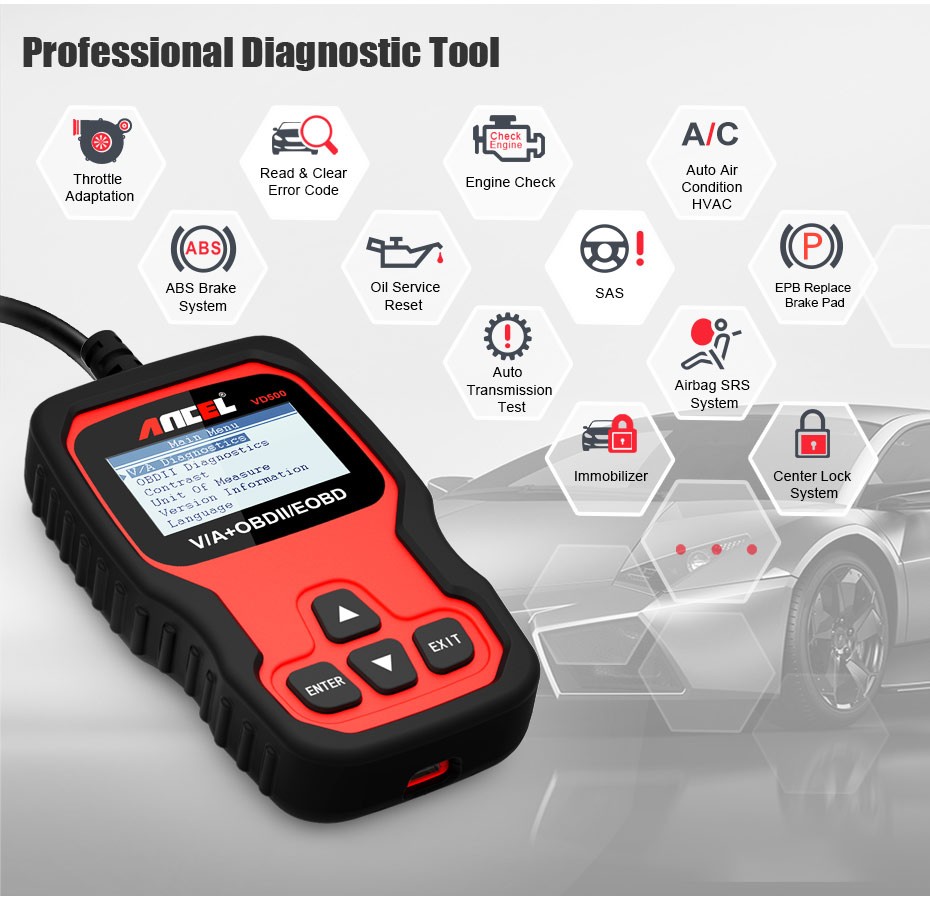 ANCEL VD500-US OBD2 Scanner Code Reader ABS SRS EPB Oil Diagnostic Tool For VW