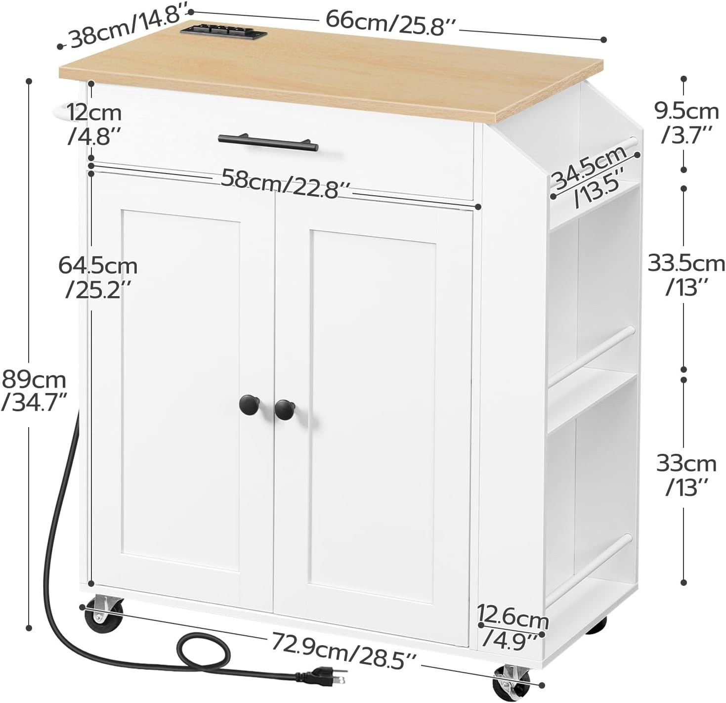 Kitchen Island with Power Outlet Storage Cart Rolling Spice Rack Modern White