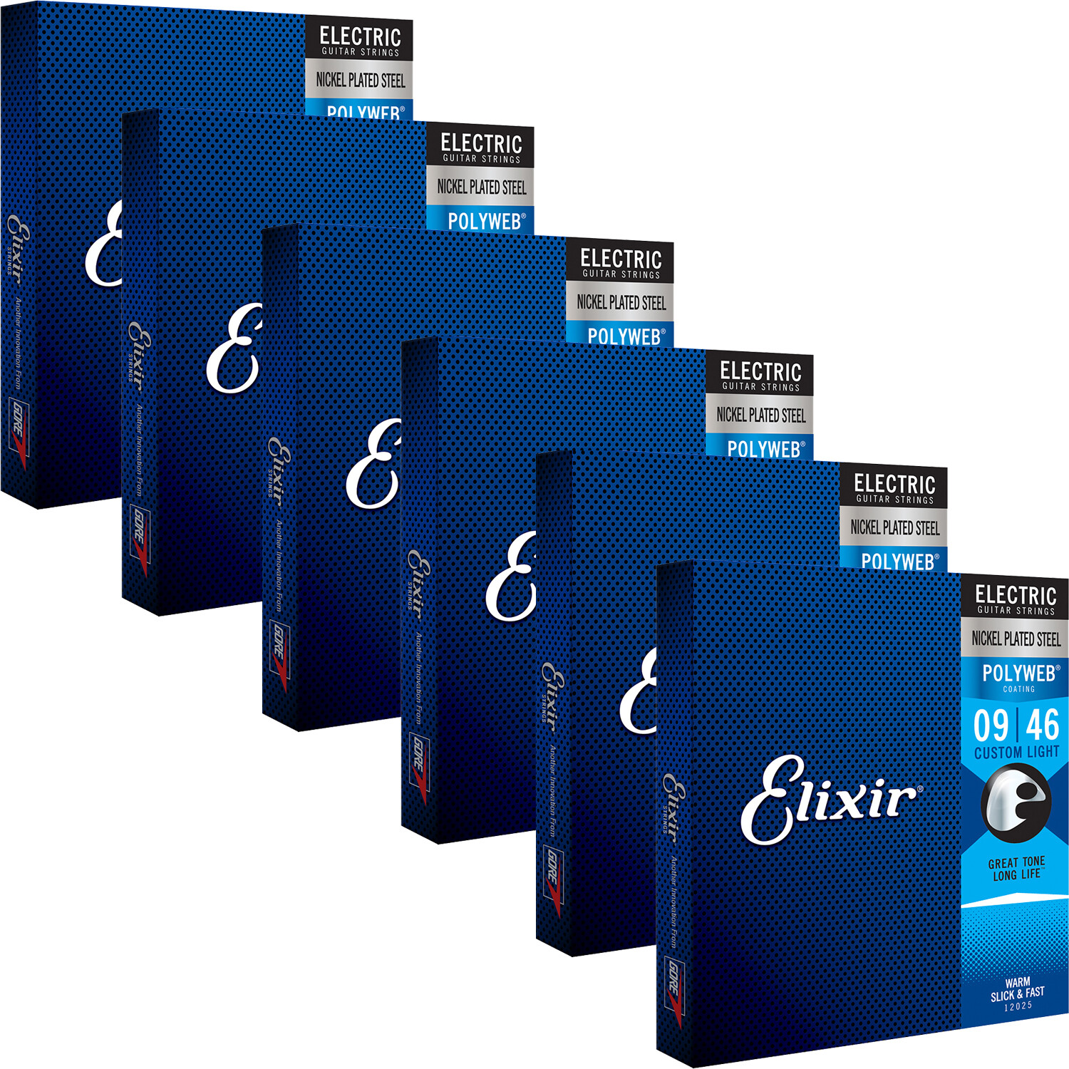 6 Sets Elixir 12025 POLYWEB Electric Guitar Strings, Custom Light 9-46