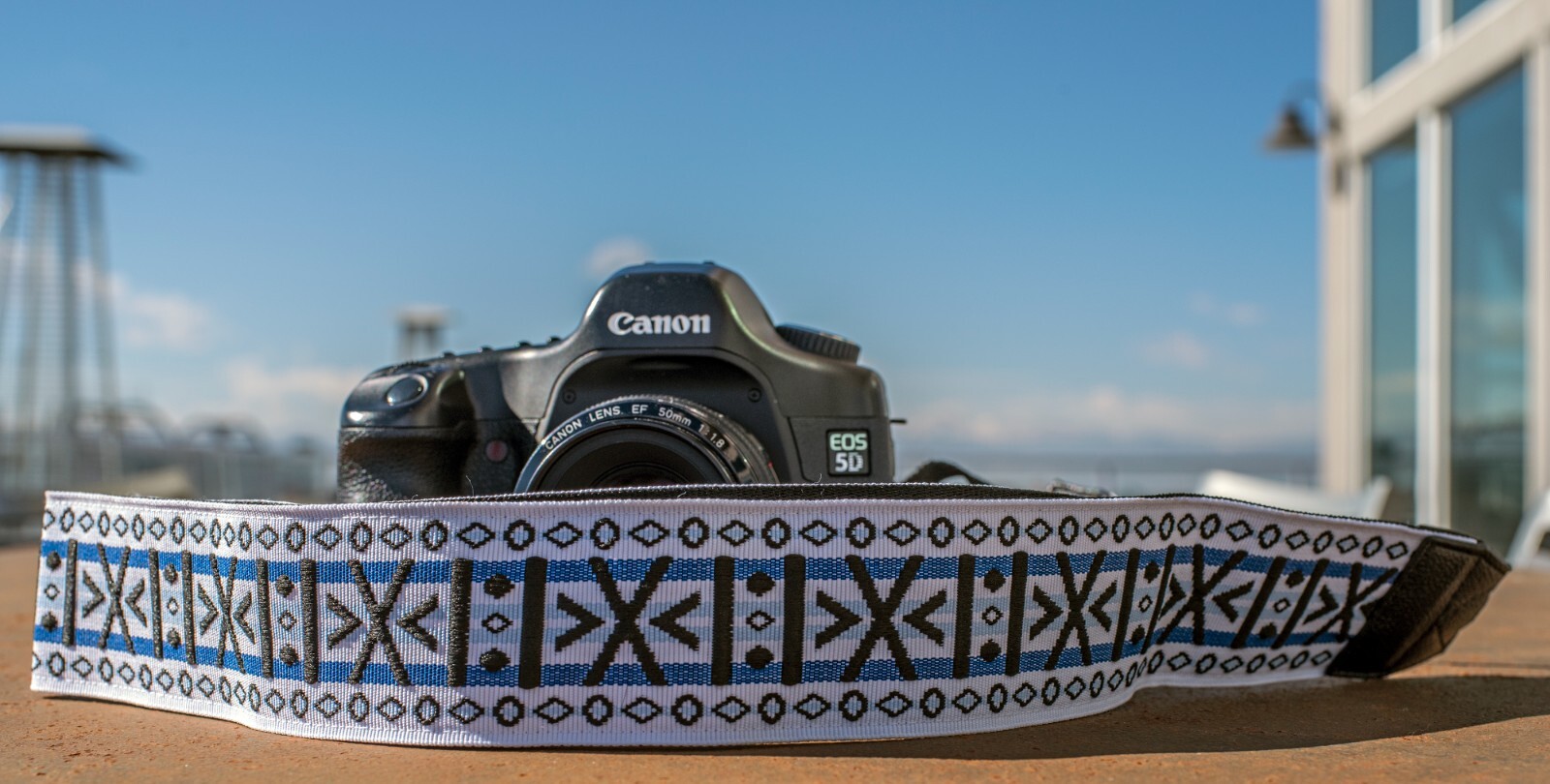 Stunning White, Blue, and Black Geometric Pattern Hippie-inspired Camera Strap
