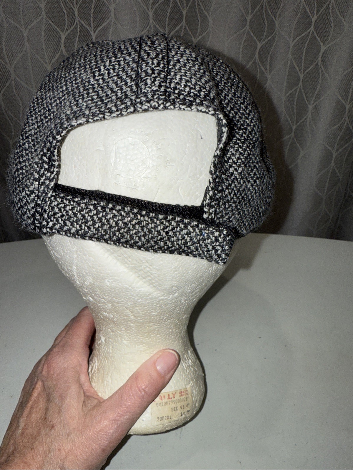 Tweed Black White Look Fabric on 6 panel Hat Cap Hook Loop EUC