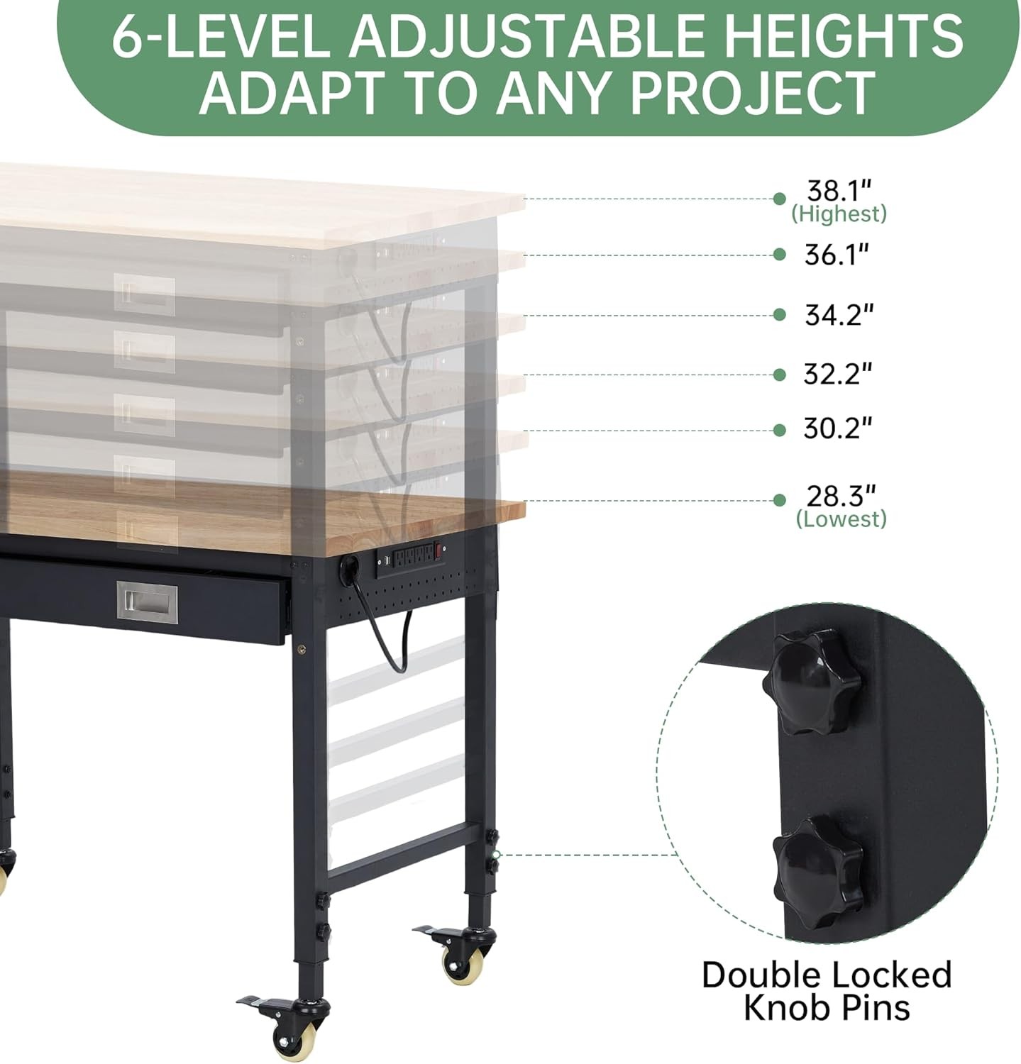 48x24"Adjustable Garage Workbench&Drawer,2000LB,USB Port,WorkstationMobile Table