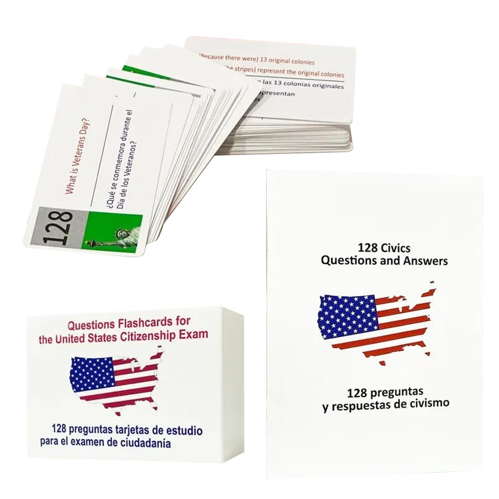 US Citizenship Flash Cards 2026, Bilingual English/Spanish 128 Civics Questions