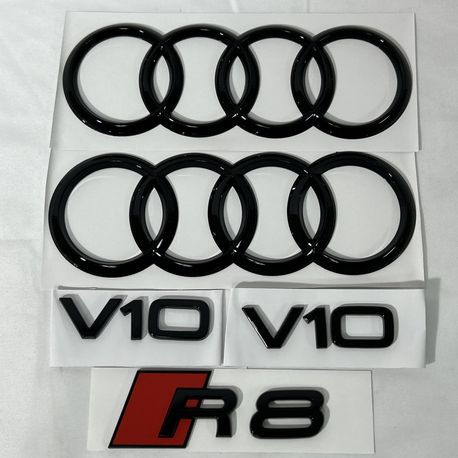 AUDI R8 Emblem Black Front Hood & Trunk Ring V10 Sign Logo 5pc Badge Coupe Set