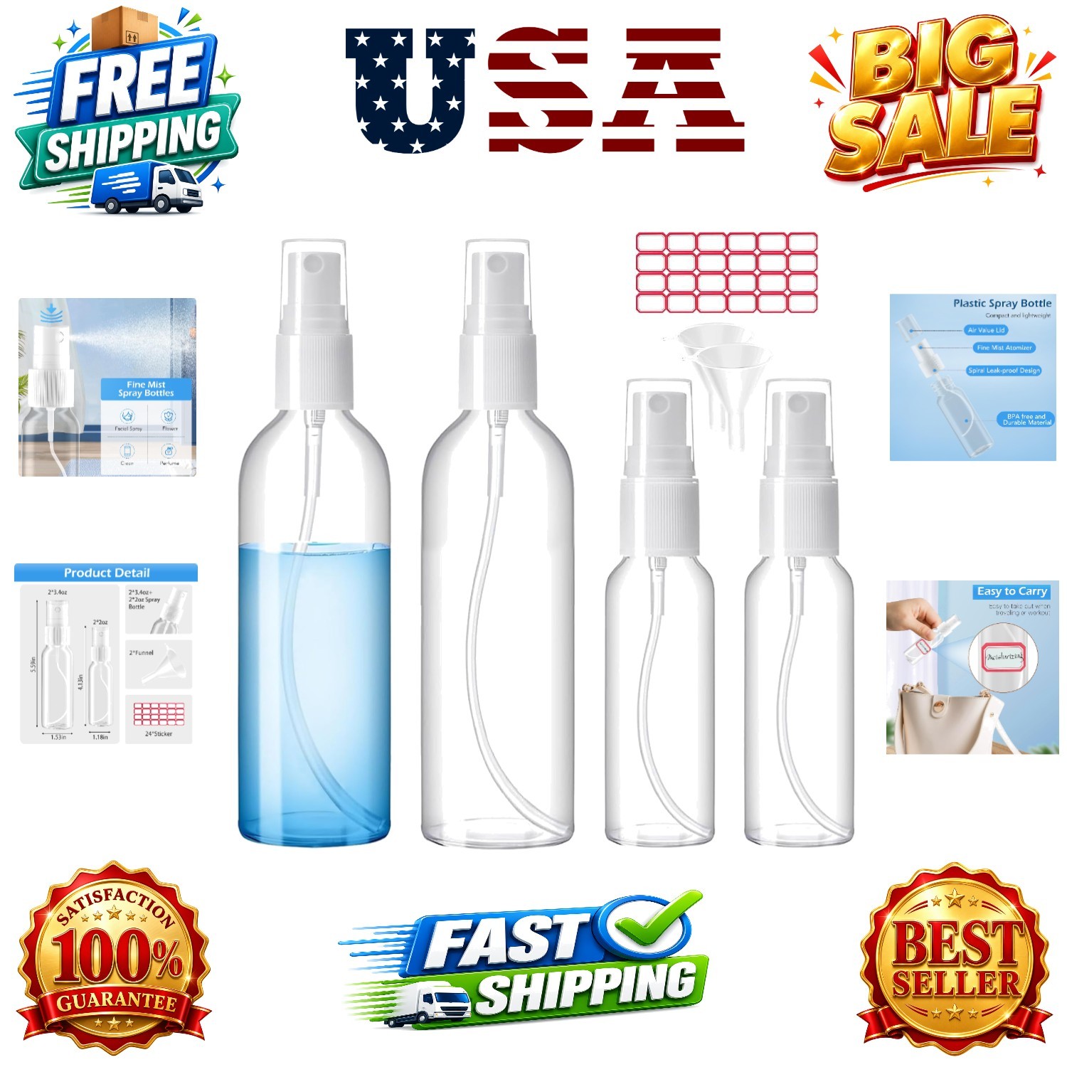 Spray Bottles, 2oz/50ml, 3.4oz/100ml Clear Empty Fine Mist Plastic Mini Trave...