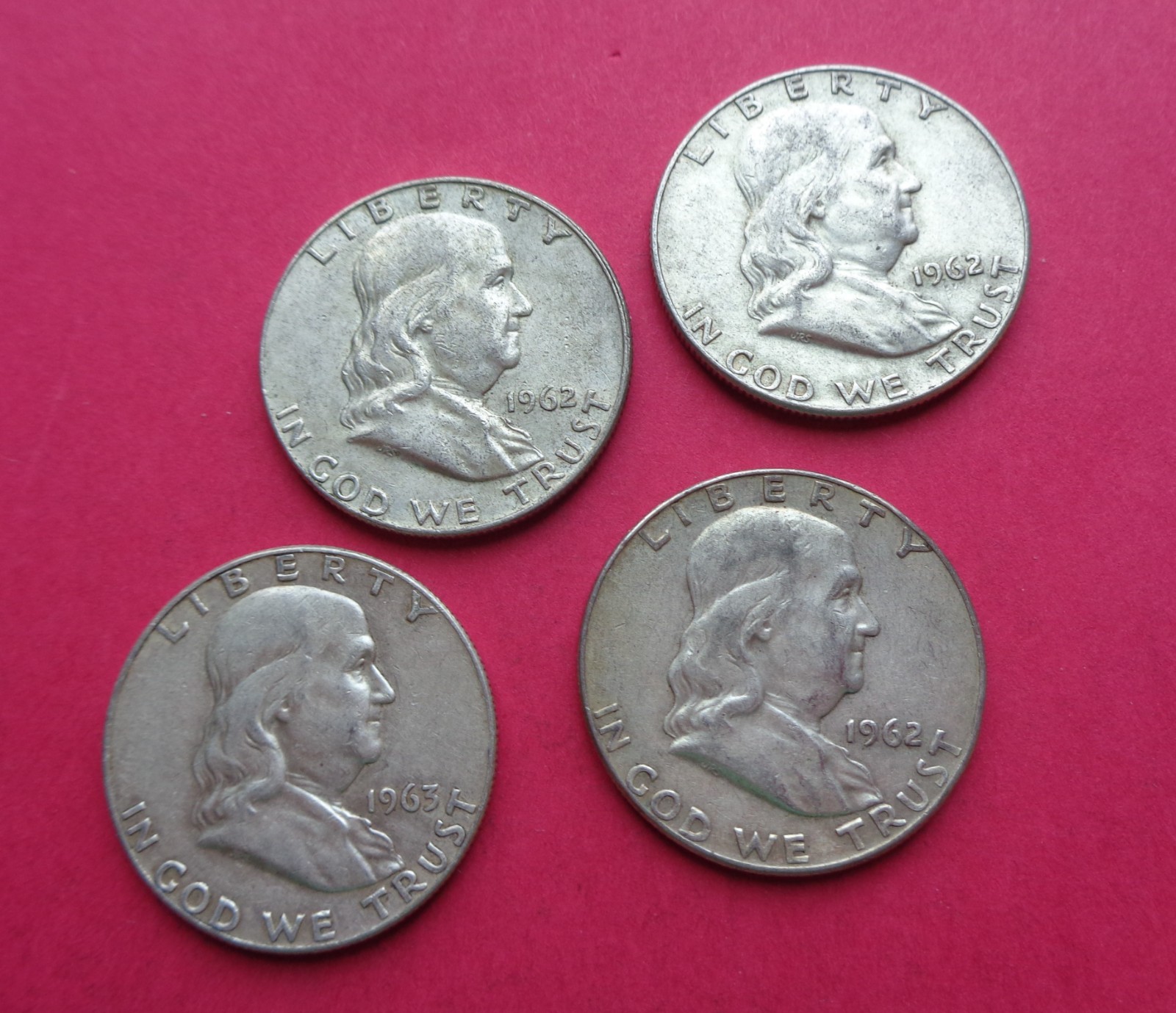 1962-D, 1962-D,1962-D & 1963-D  90%  SILVER LIBERTY BELLFRANKLIN HALF DOLLARS