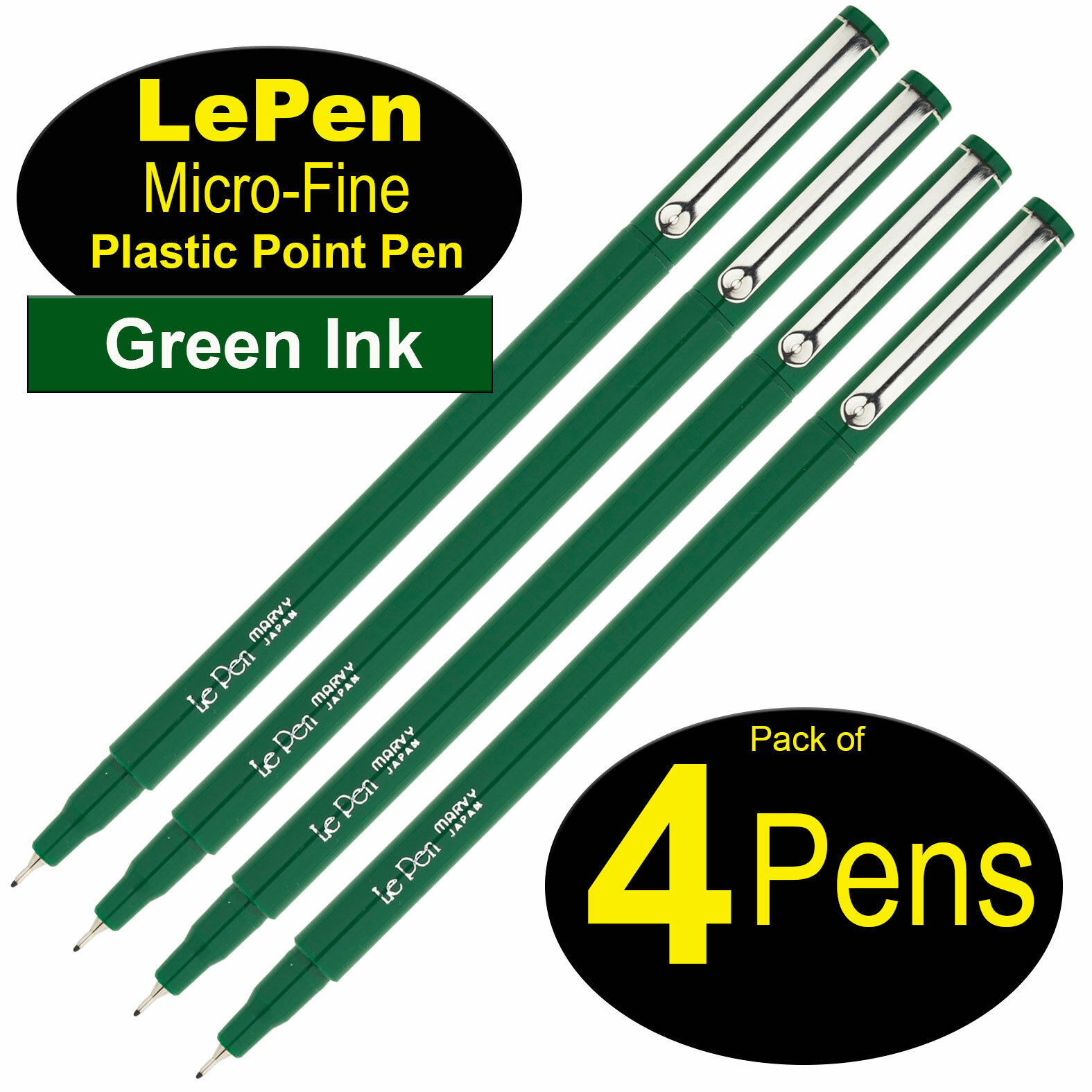 LePen 4300-S4 Green 0.3mm Micro-Fine Plastic Point Pen, Pack of 4 Pens