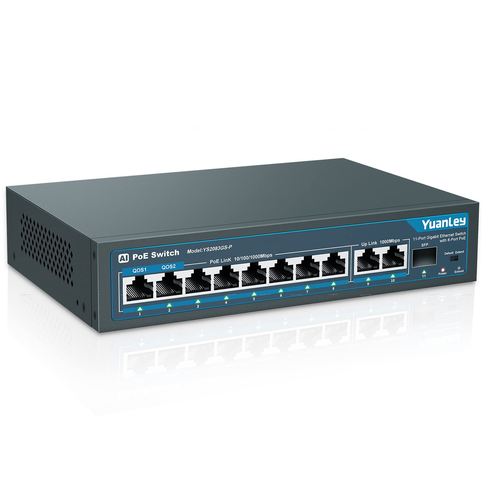 8 Port Gigabit PoE Switch with 2 Gigabit Uplink, 8 PoE+ Port 1000Mbps, 1 SFP ...