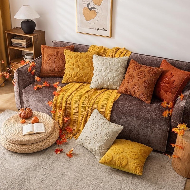 Embroidered Ginkgo Leaf Faux Fur Pillow Covers Set Soft Washable Decor New