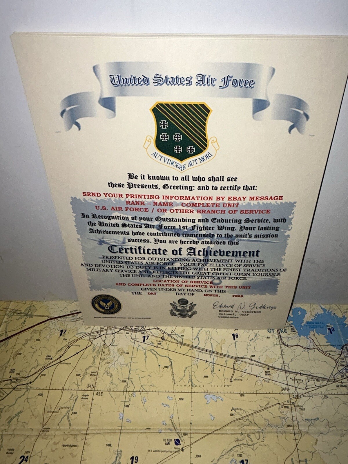 U.S.A.F. / AIR FORCE 1ST FIGHTER WING - CERTIFICATE OF ACHIEVEMENT