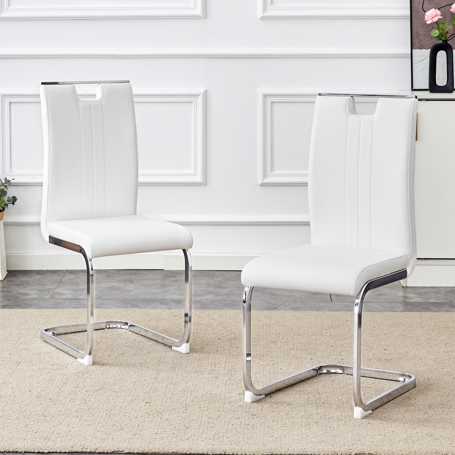 Set of 2 PU Leather Dining Chairs with High Back & Silver Bow Legs White/Black