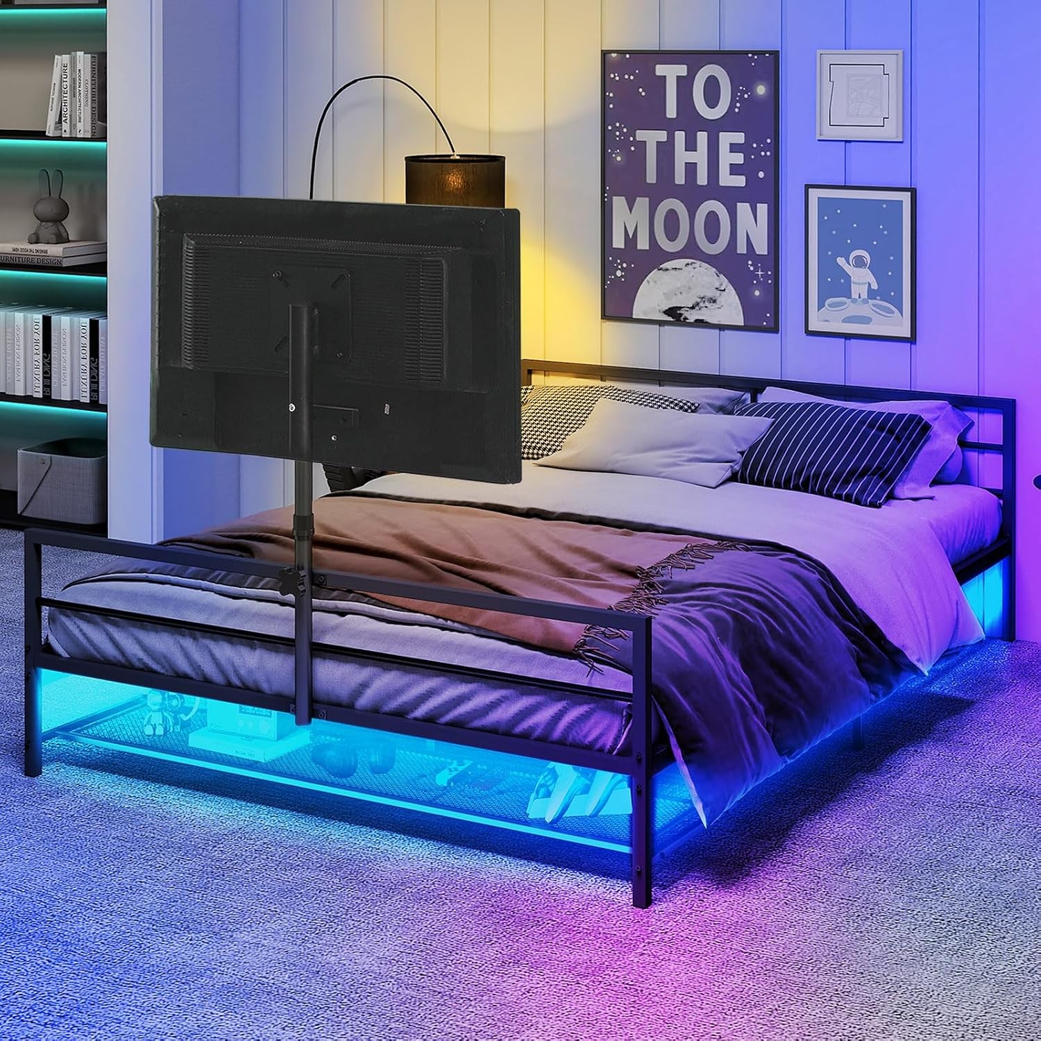 Full Gaming Bed Frame with TV Mount Metal Gamer Bed LED Lights USB Storage Black
