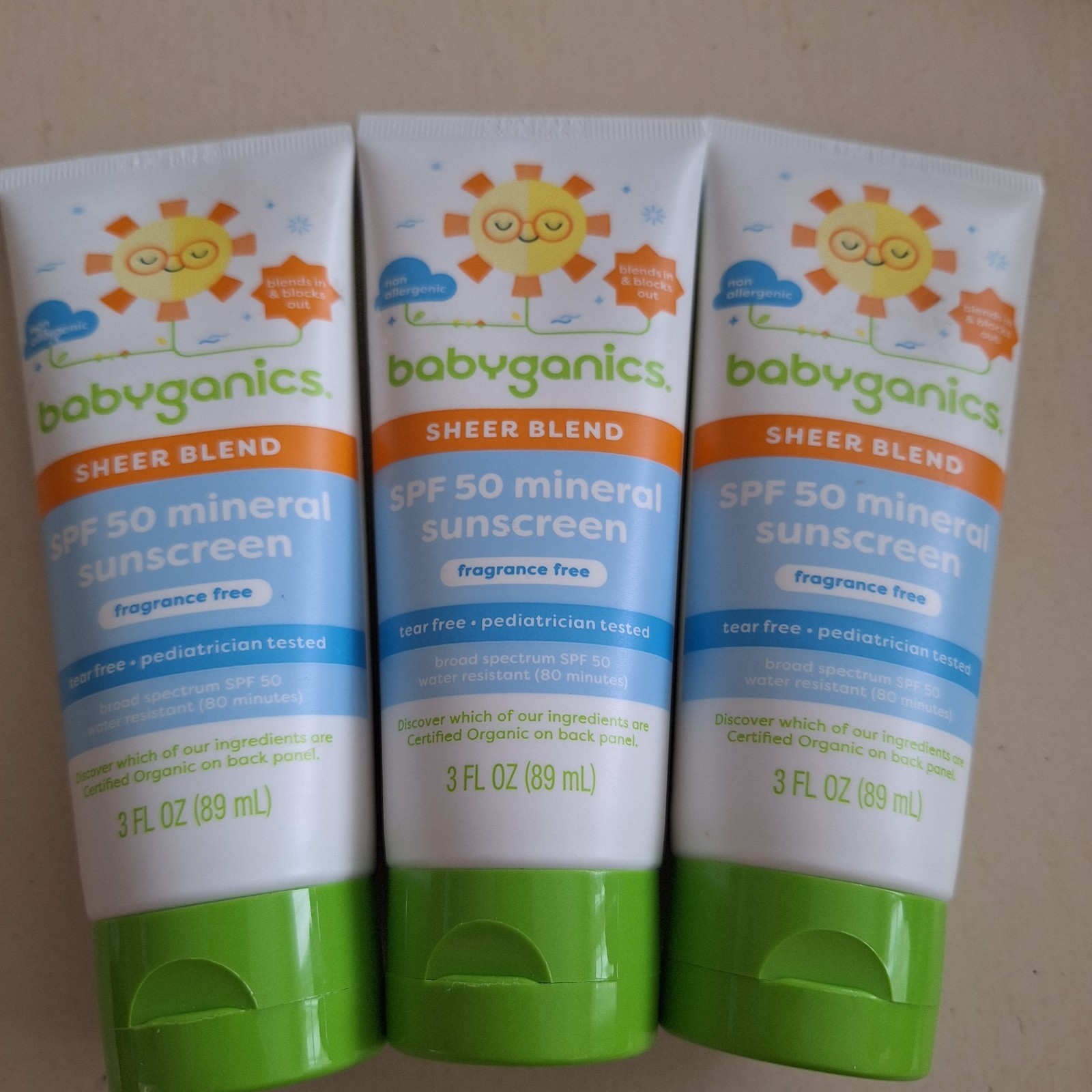 3 X Babyganics Sheer Blend SPF 50 Mineral Sunscreen Fragrance Free 3 fl oz Kids