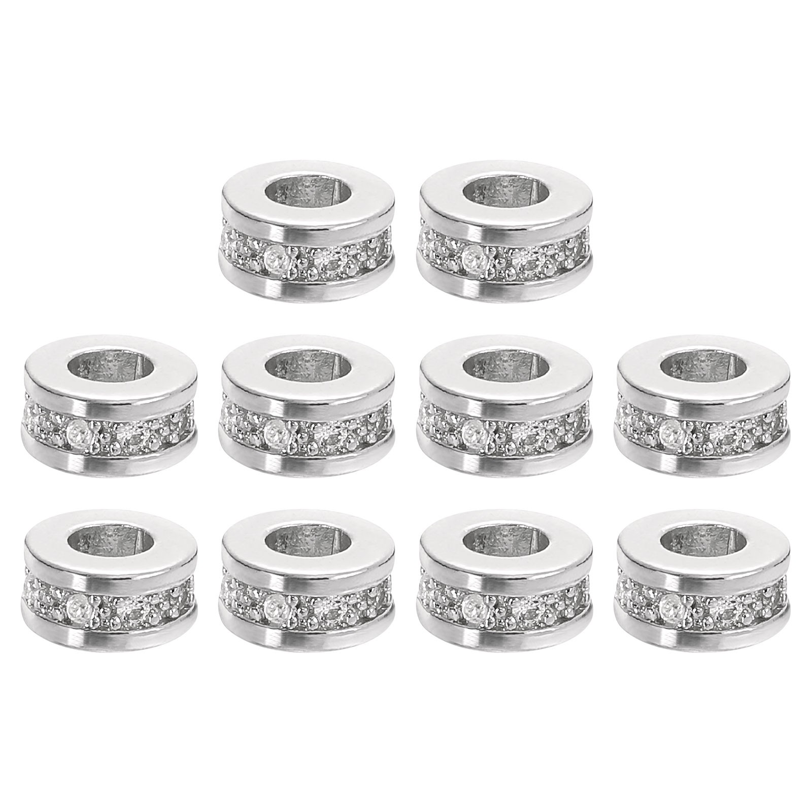 10Pcs Round Ring Charm Spacer Beads 8mm Zircon Pave Bead White - White Gold