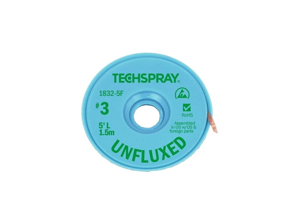 Techspray 1832-5F - Tech Spray Desoldering Braid Unfluxed #3 Green .075 inch 5'