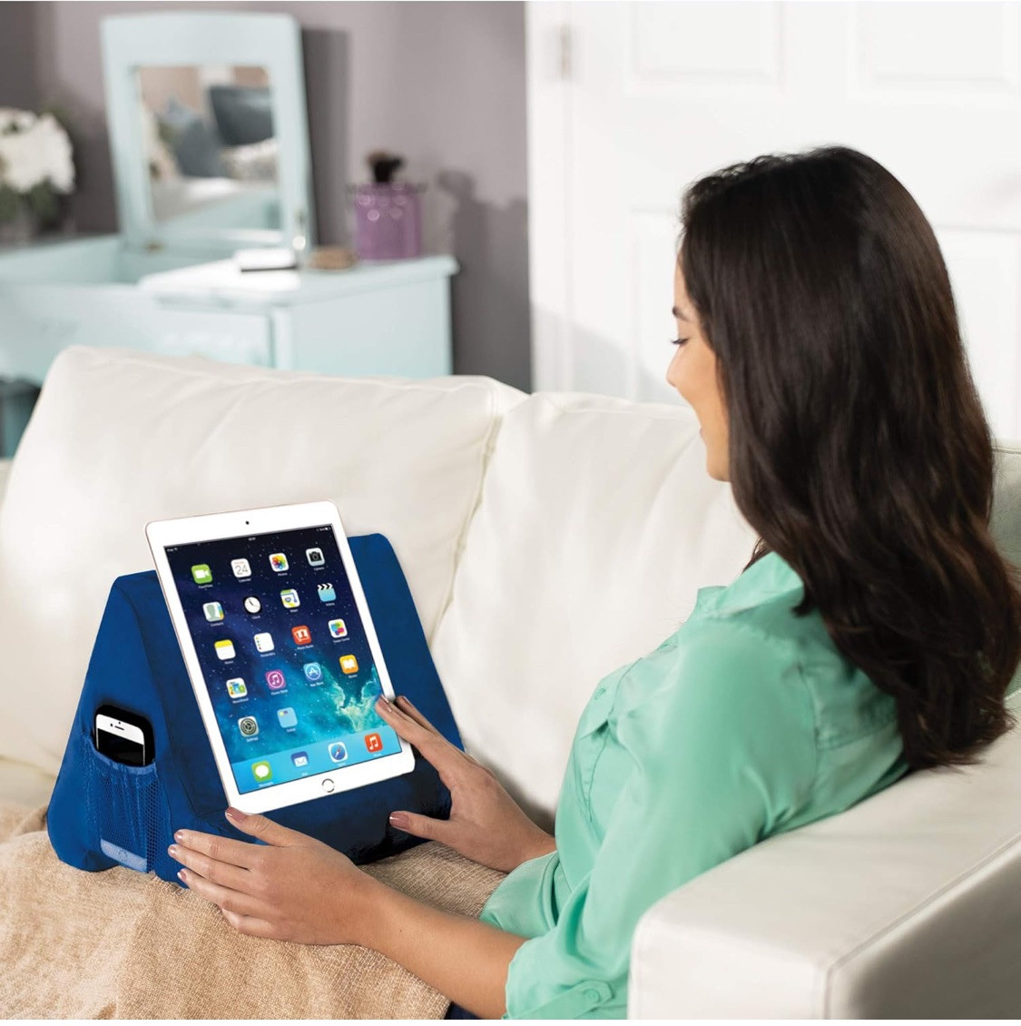 Ontel Pillow Pad Multi Angles Soft Tablet Stand Blue Deluxe