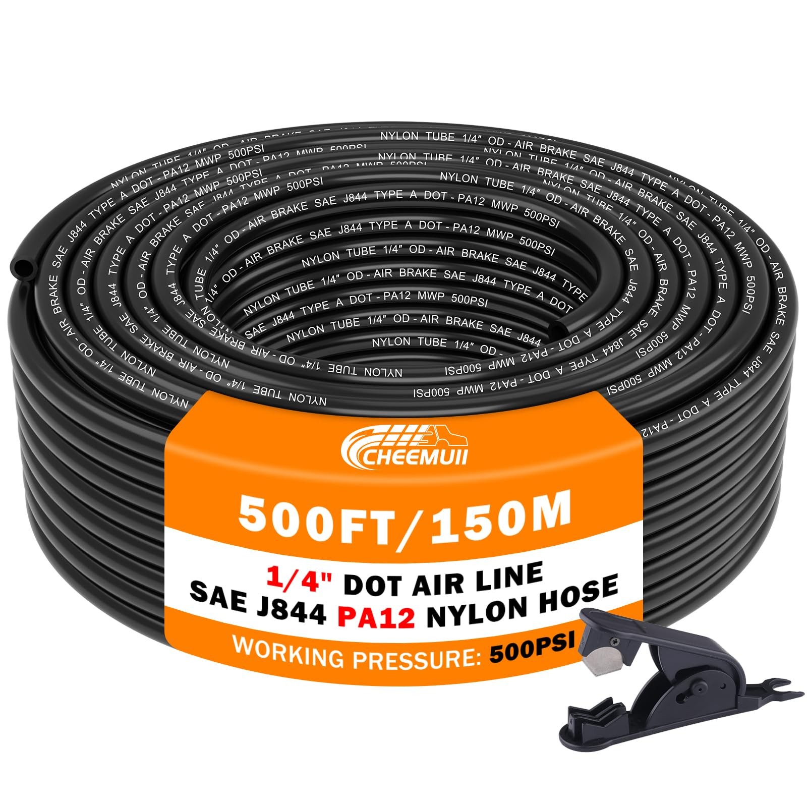 HeavyDuty DOT Air Line Tubing 1/4 Inch PA12 Nylon 500 FT for Pneumatic Air Brak