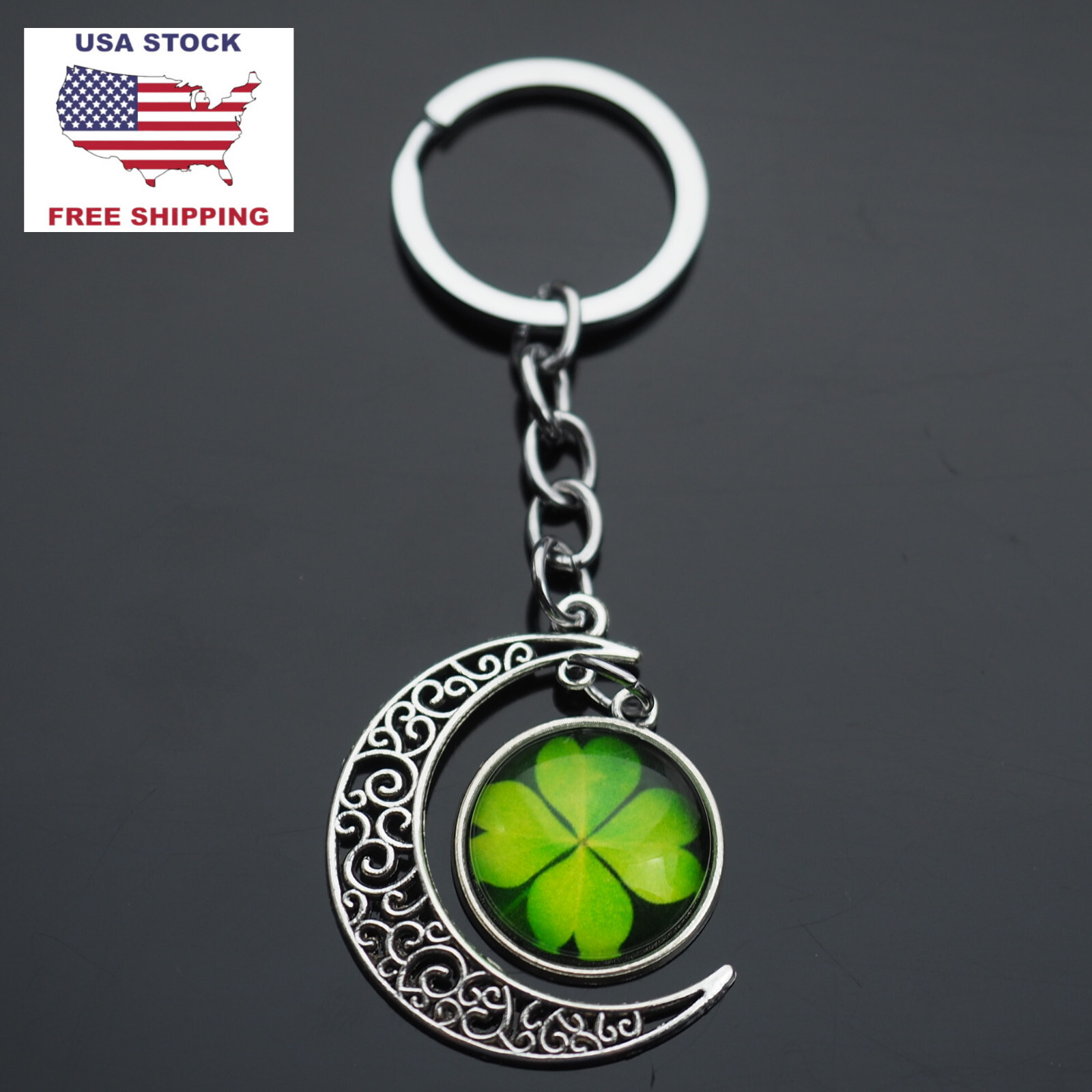 Crescent Moon & Four Leaf Clover Hollow Design Pendant Lucky Keychain Key Chain