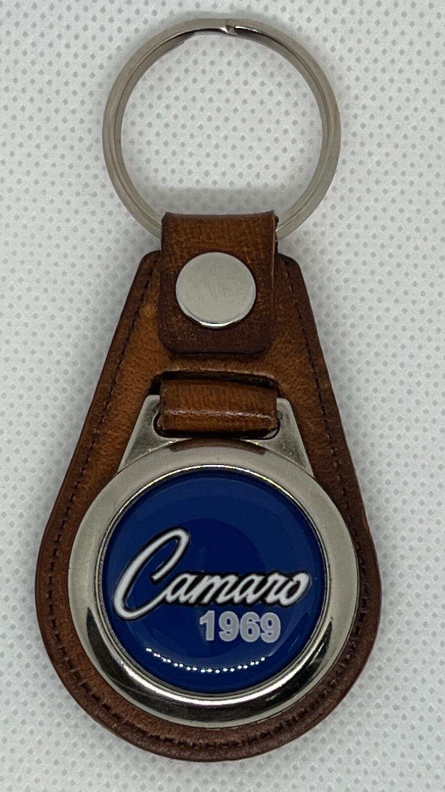 Premium tan leather RETRO KEYCHAIN FOR 1969 Camaro blue