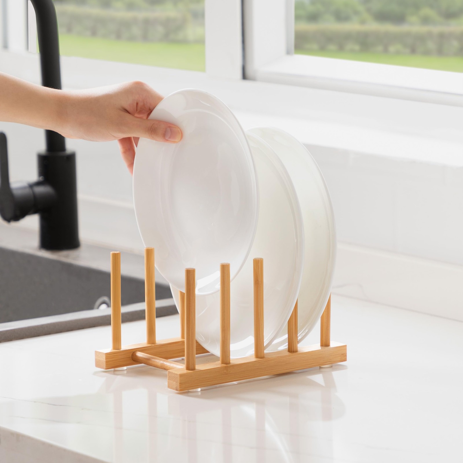 Bamboo Dish Drying Rack for Kitchen Counter & Cabinet (4 Slots)