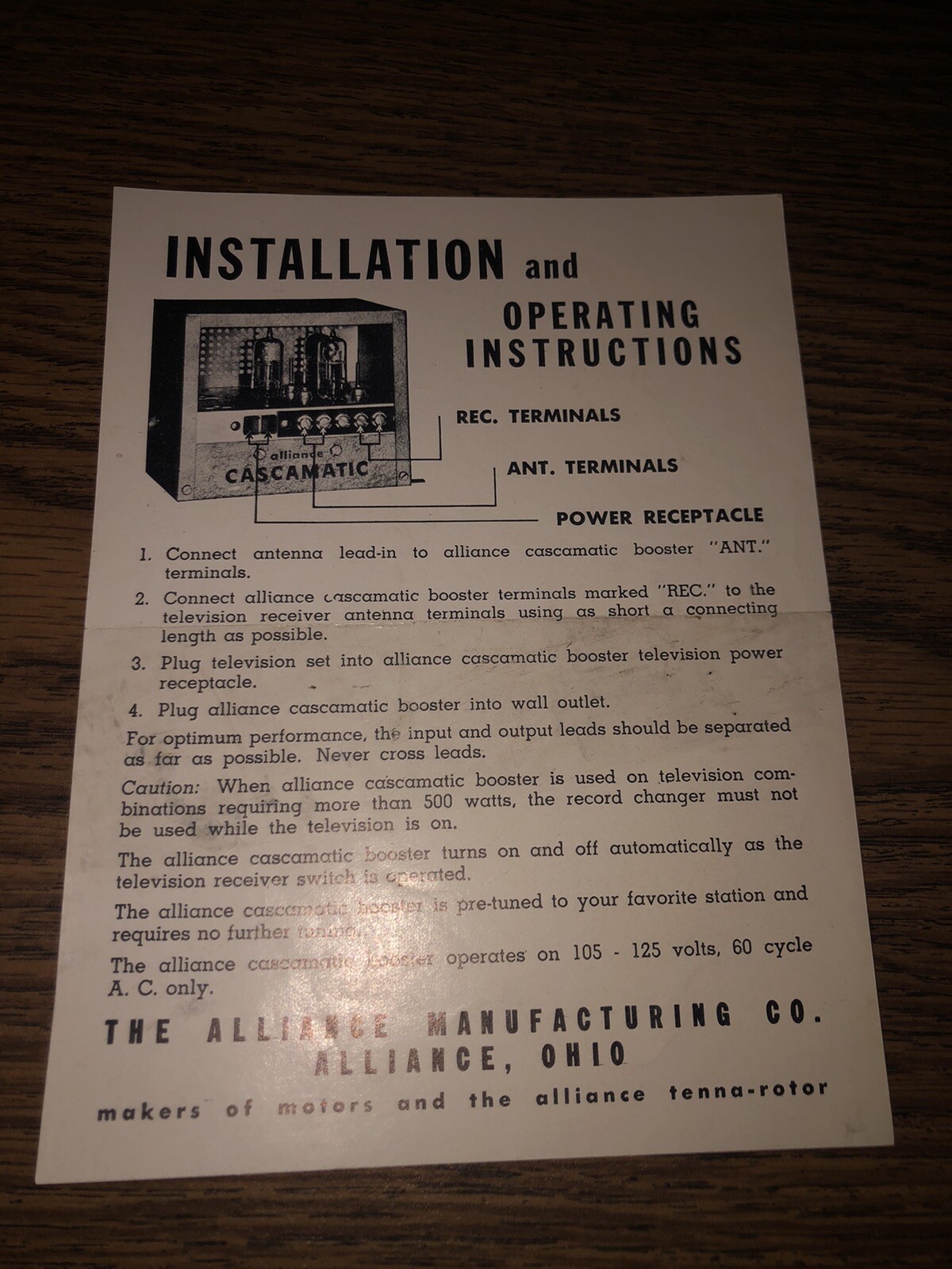 1952 Alliace Manufacturing Cascamatic Pamphlet & Schematic
