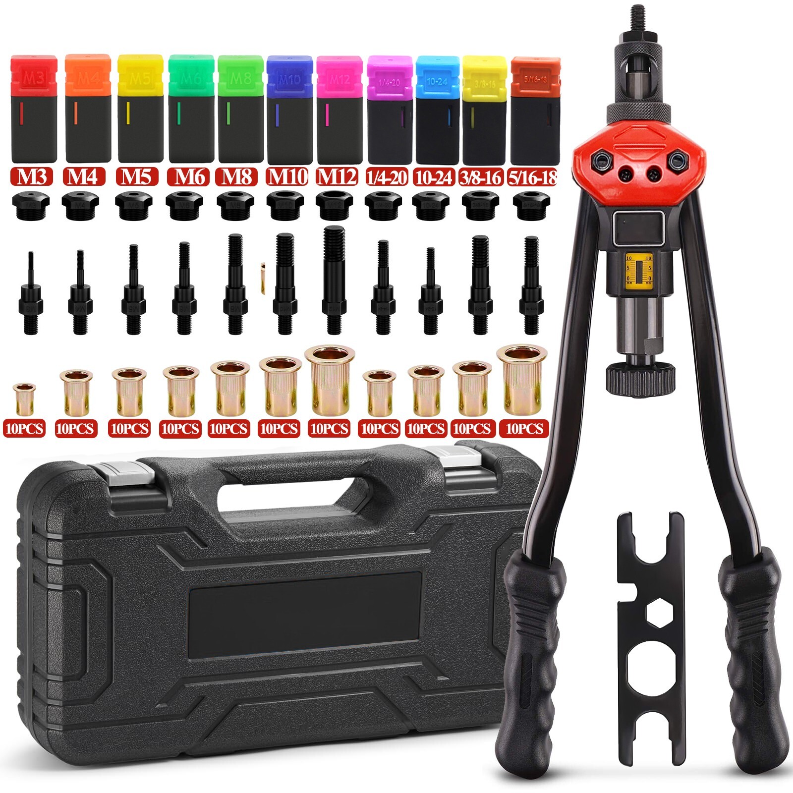 16" Rivet Nut Tool Kit 11 Mandrels SAE Metric Rivnut Nutsert Thread Insert Tool
