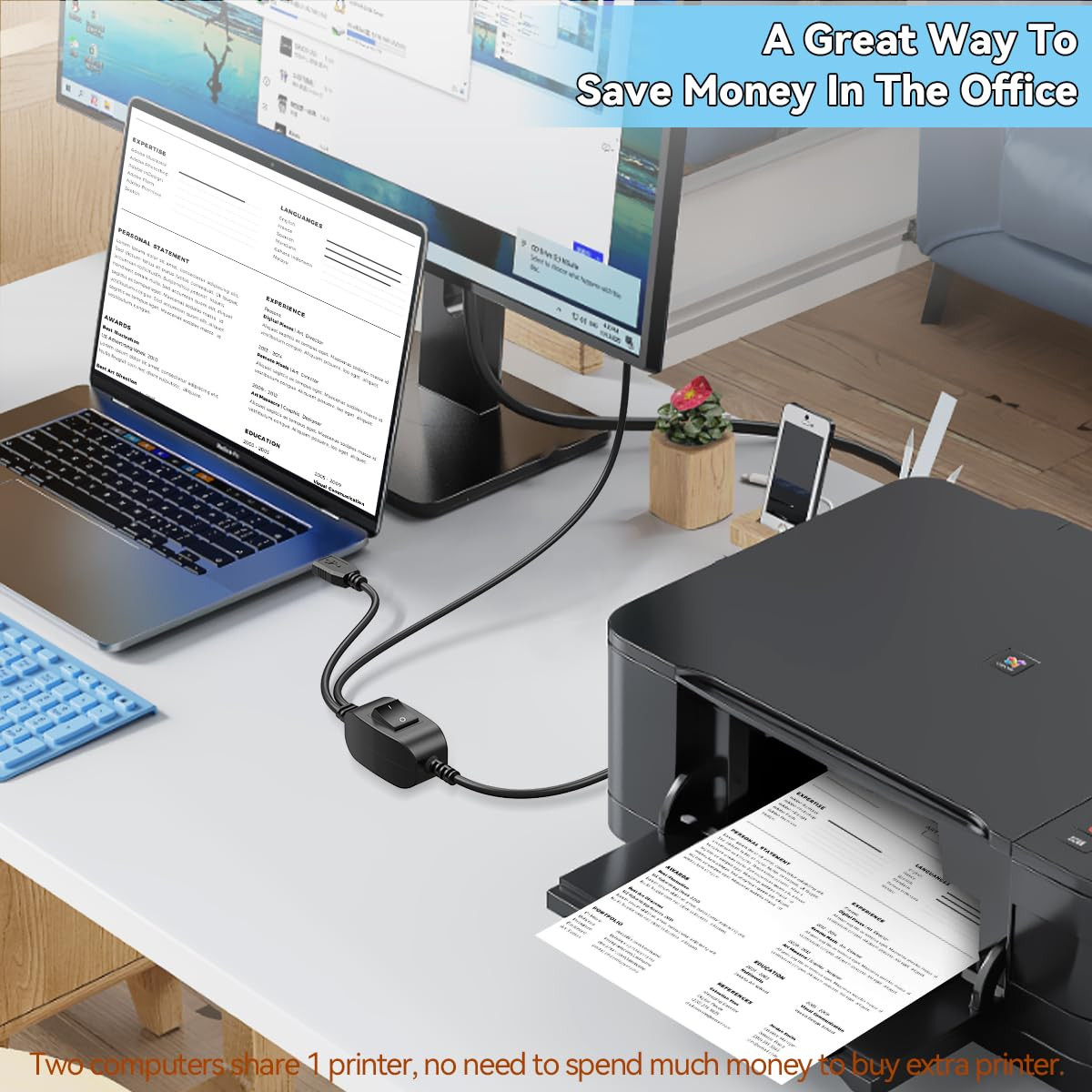USB Splitter 1 in 2 Out Switch for Two Computers Connected One Printer USB-B Mal