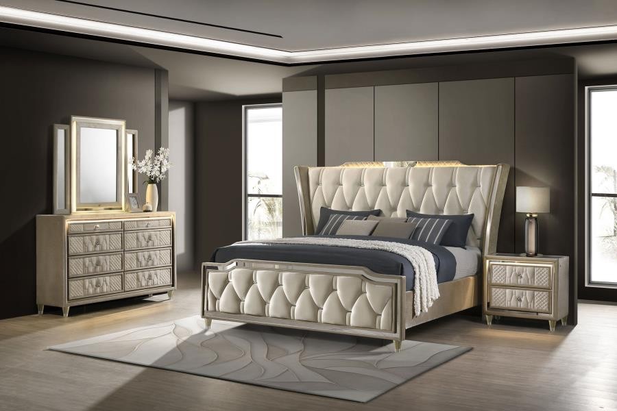 4 PC KING IVORY VELVET LED WINGBACK BED NS DRESSER MIRROR BEDROOM FURNITURE SET