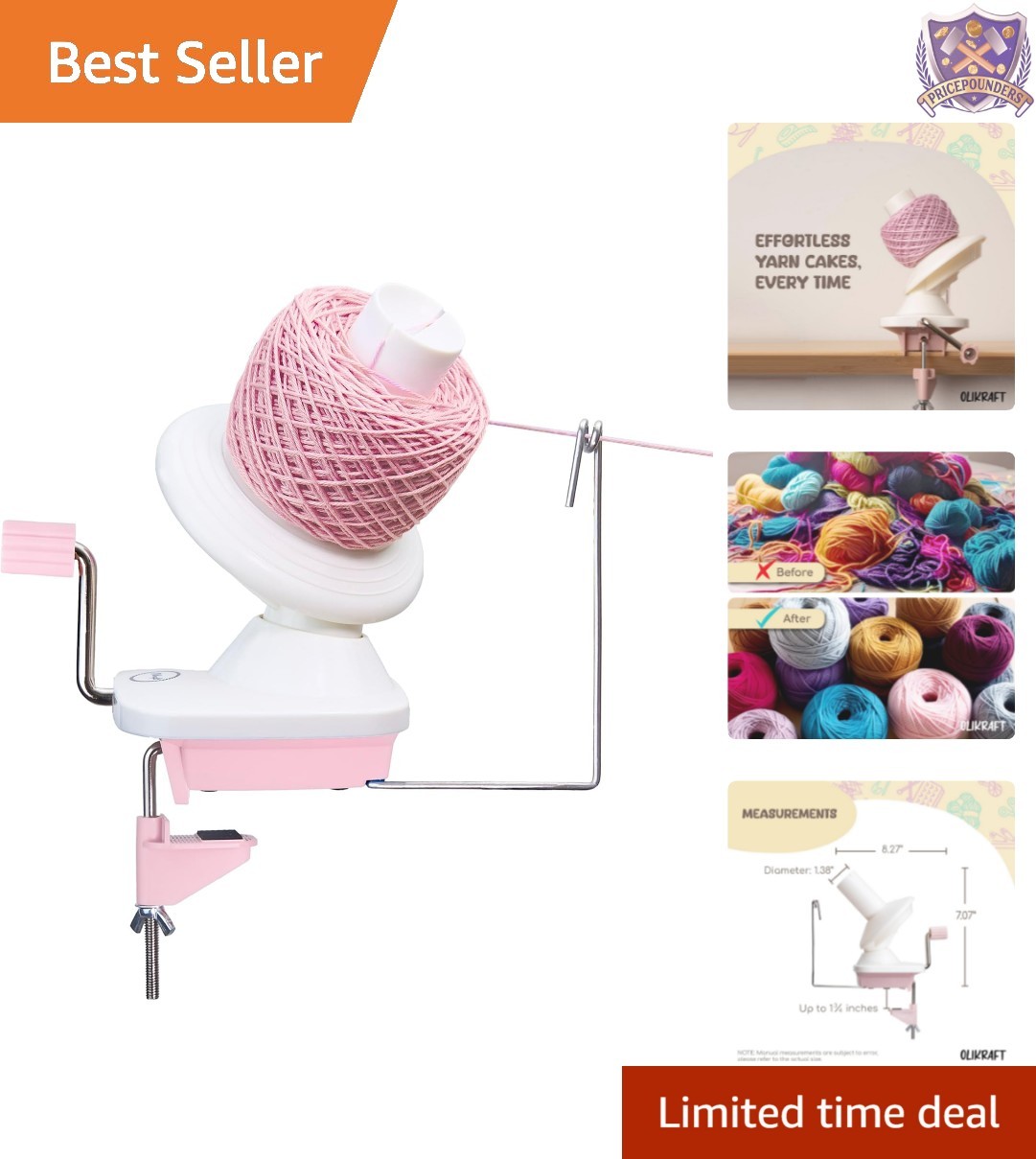 Manual Yarn Winder with Clamp for Crocheting and Knitting, Creates 4oz Yarn C...