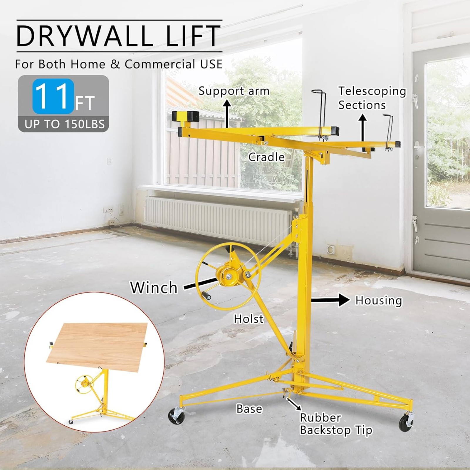 11FT Drywall Lift Panel Hoist Sheetrock Plasterboard Jack Lifter 150LB Yellow
