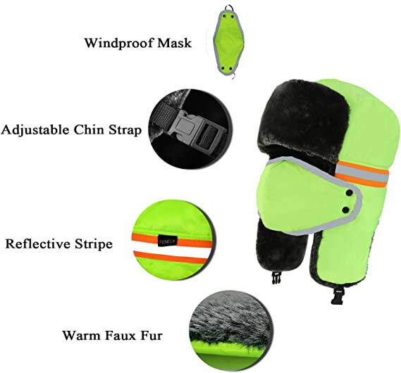 Hi Vis Reflective Safety Winter Ski Fur Mask Trapper Aviator Russian Thermal Hat
