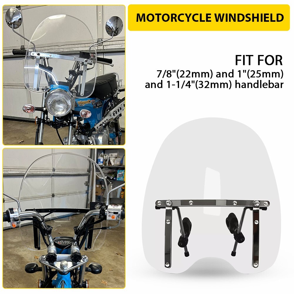 Universal Clear Motorcycle Windshield 19"x 17" For 7/8" & 1" & 1-1/4" Handlebars