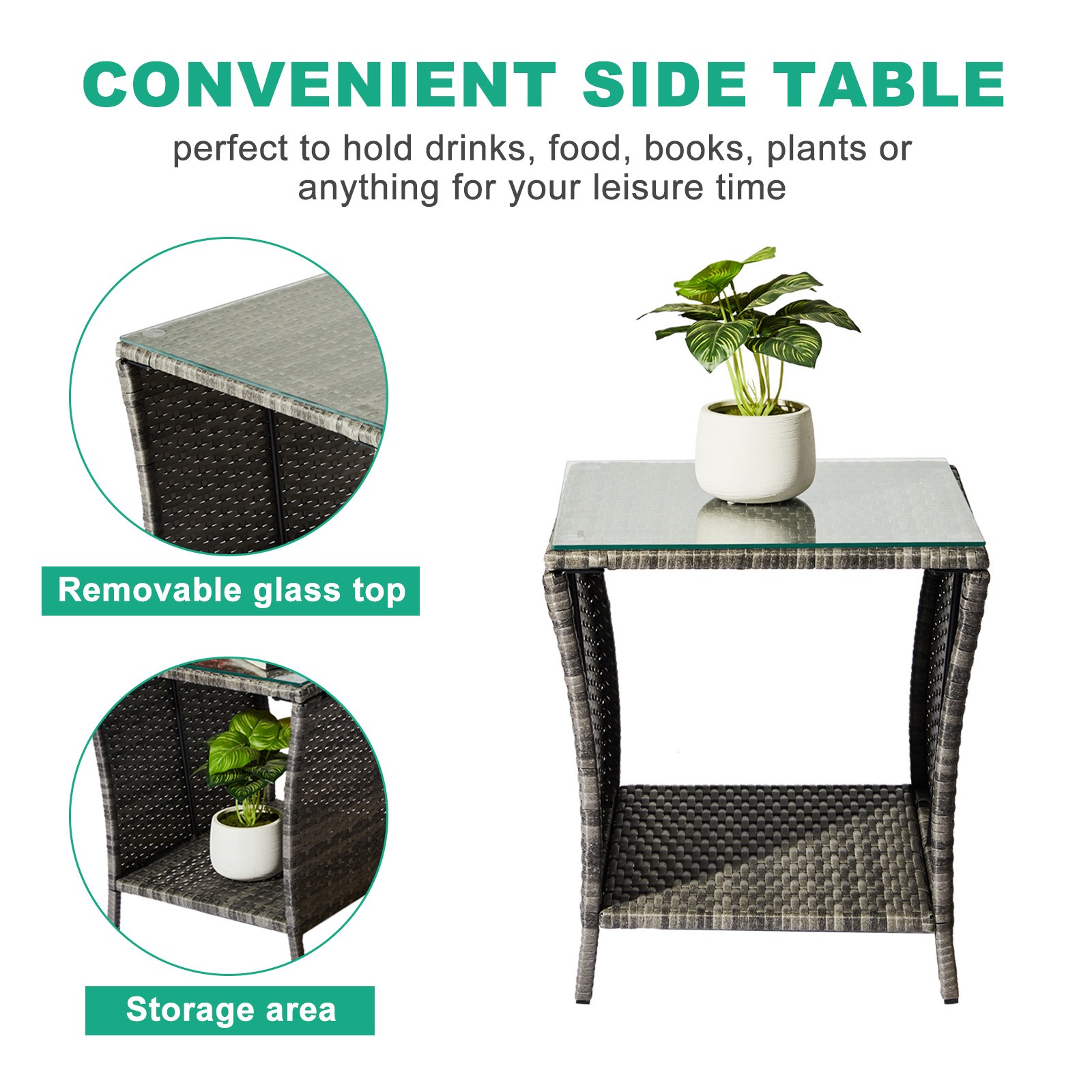 Outdoor Grey Wicker Side Table Rattan Square Side Table Courtyard Coffee Bistro