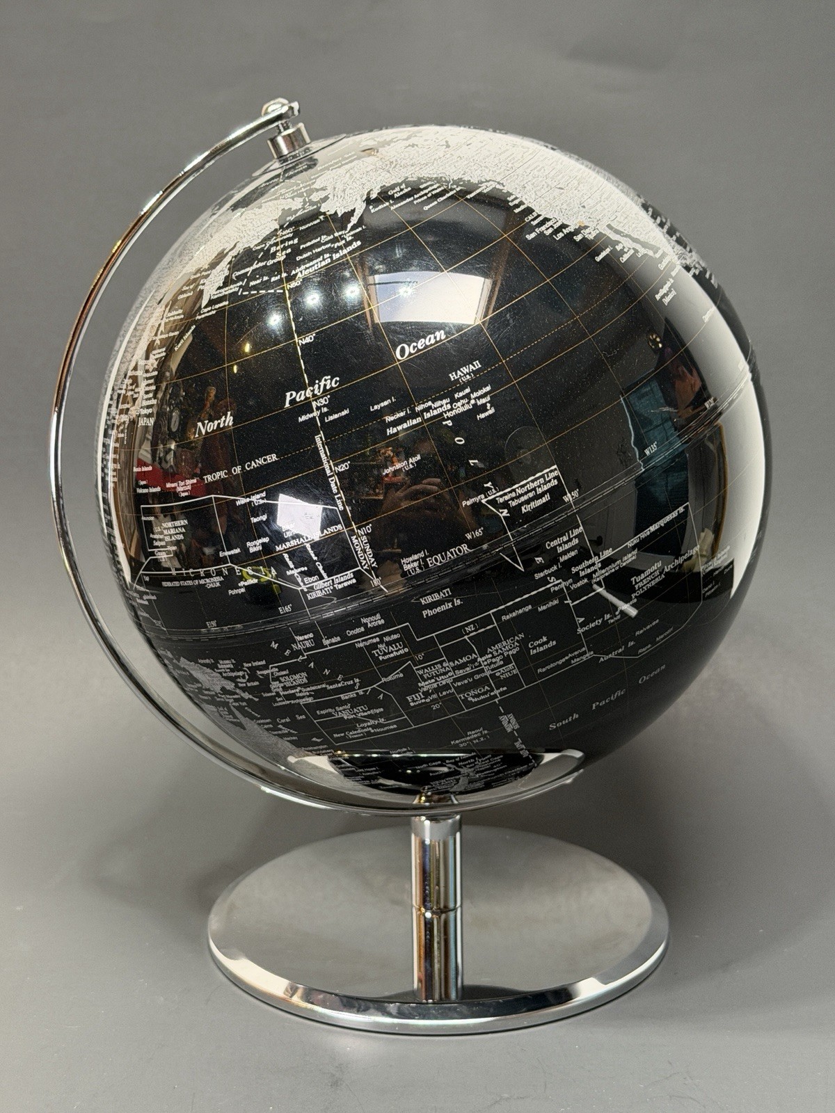 Modern Black Silver  Tabletop Globe with Metallic Finish and Chrome Metal Base