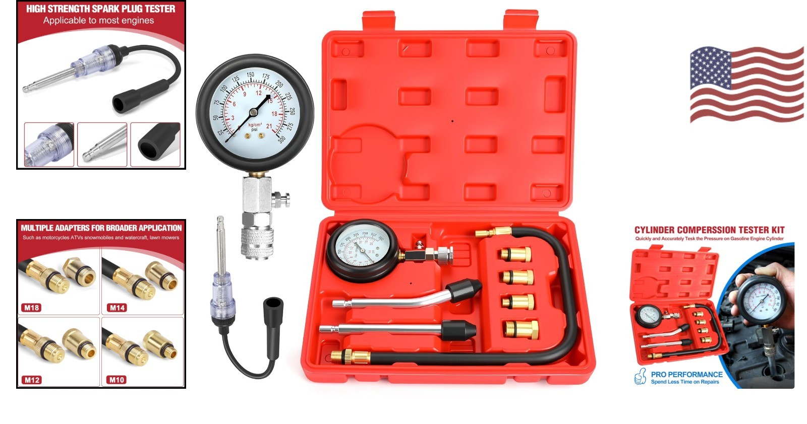 Versatile 9pcs Compression Tester & Spark Plug Tool - 300PSI for Auto/Motorcycle