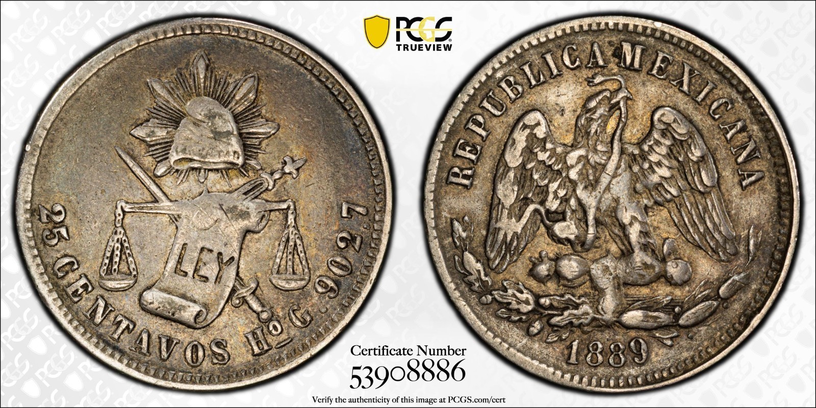 1889 Ho Mexico 25 Centavos PCGS VF35 Pop 1/0 Top Pop Hermosillo