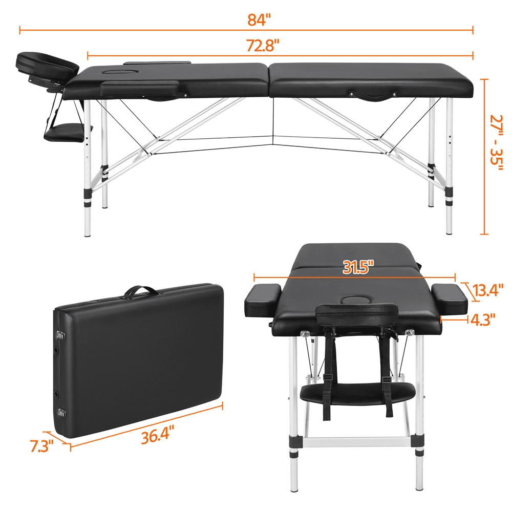 3 Section Adjustable Aluminum Massage Table W/ Headrest & Armrest 84" Black